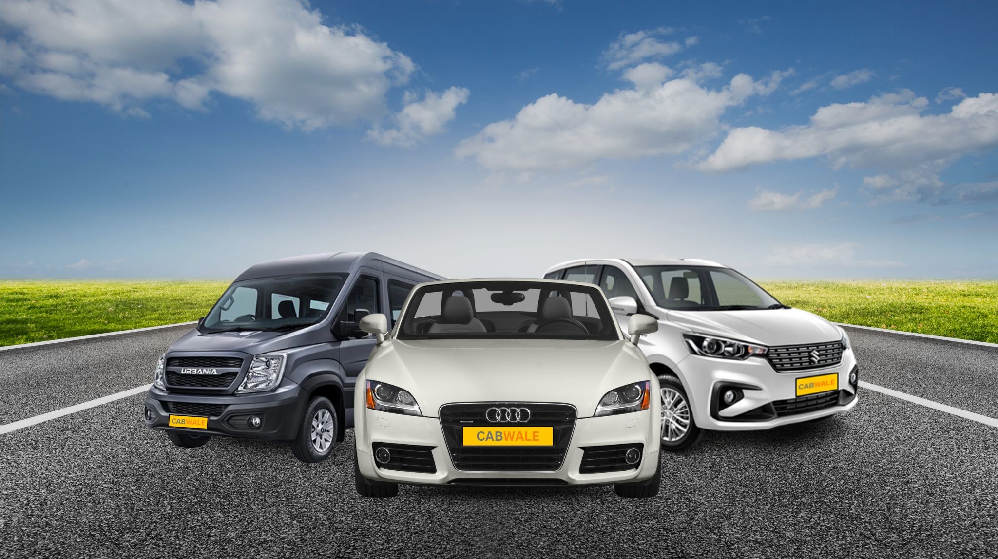 Three cars parked on a paved road with a grassy field and a blue sky with clouds in the background. The cars include a gray van on the left, a white convertible in the center, and a silver hatchback on the right. All cars have yellow license plates with the text "CAB WALE."